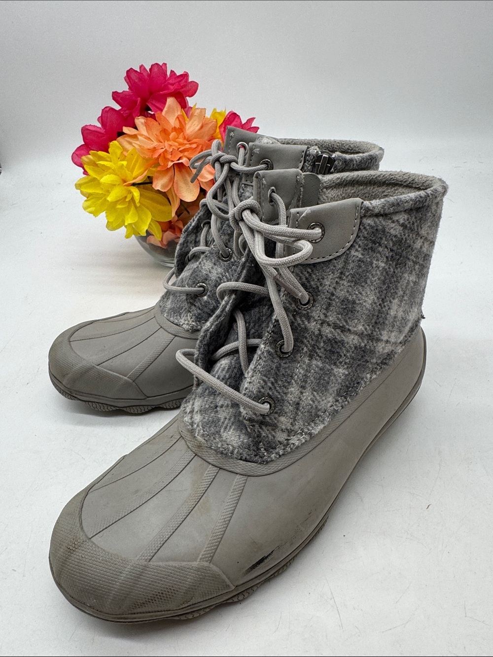 Sperry Gray Plaid Waterproof Duck Boots
